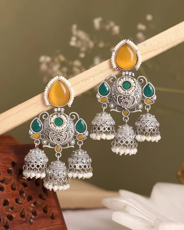 Silver And Green Oxidized Jhumka Earrings With Stones