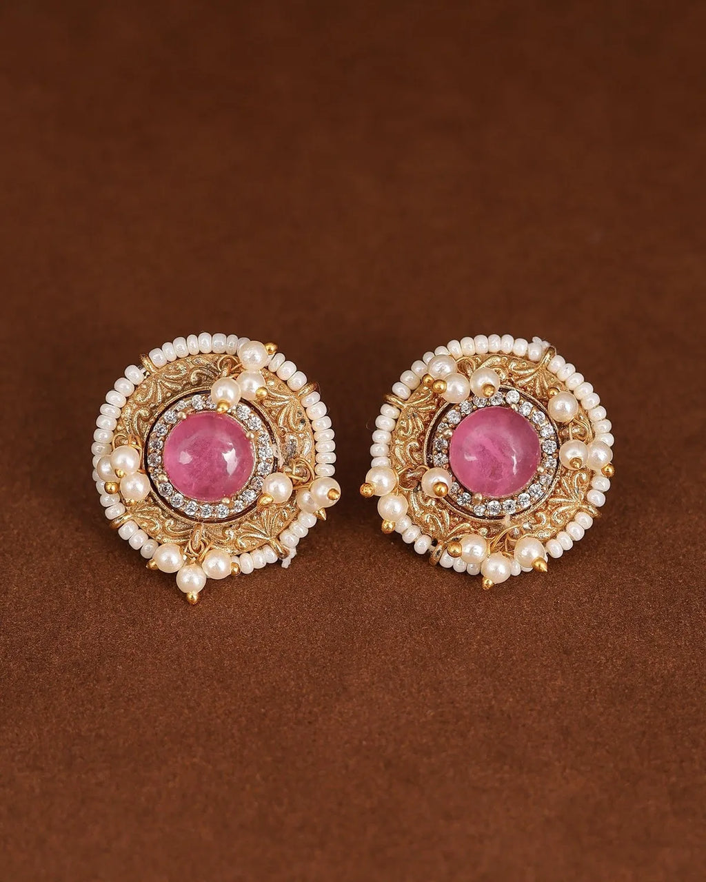 Traditional Stone Stud Earrings With Pearl Border