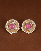 Traditional Stone Stud Earrings With Pearl Border