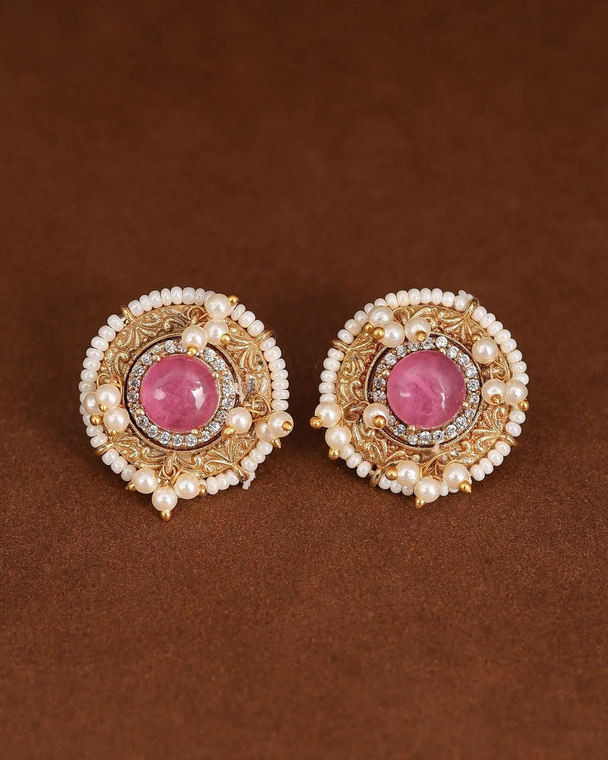 Traditional Stone Stud Earrings With Pearl Border