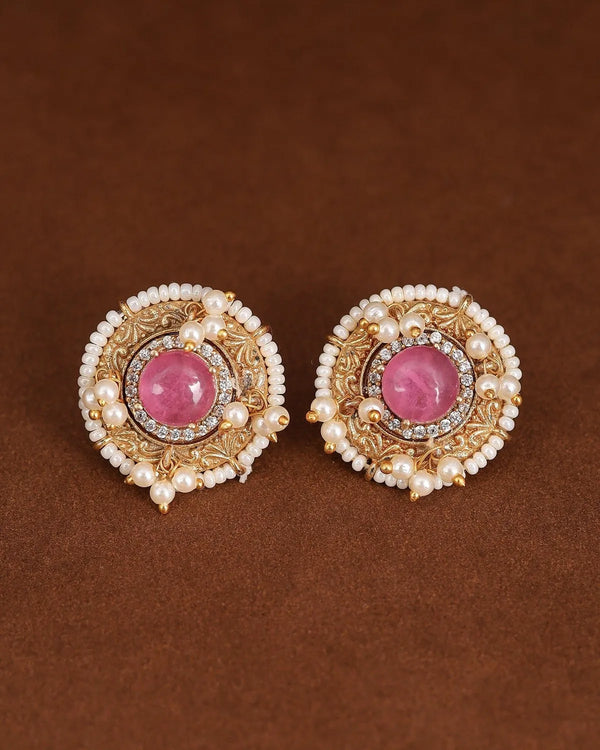 Traditional Stone Stud Earrings With Pearl Border