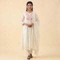 White Anarkali Kurta Set With Floral Embroidery For Women