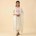 White Anarkali Kurta Set With Floral Embroidery For Women