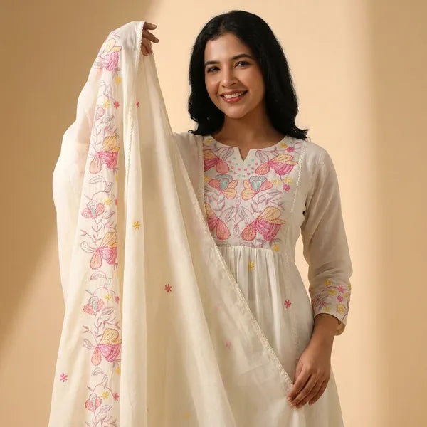 White Anarkali Kurta Set With Floral Embroidery For Women