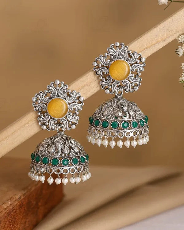 Silver And Green Elegant Jhumka Earrings With Stone