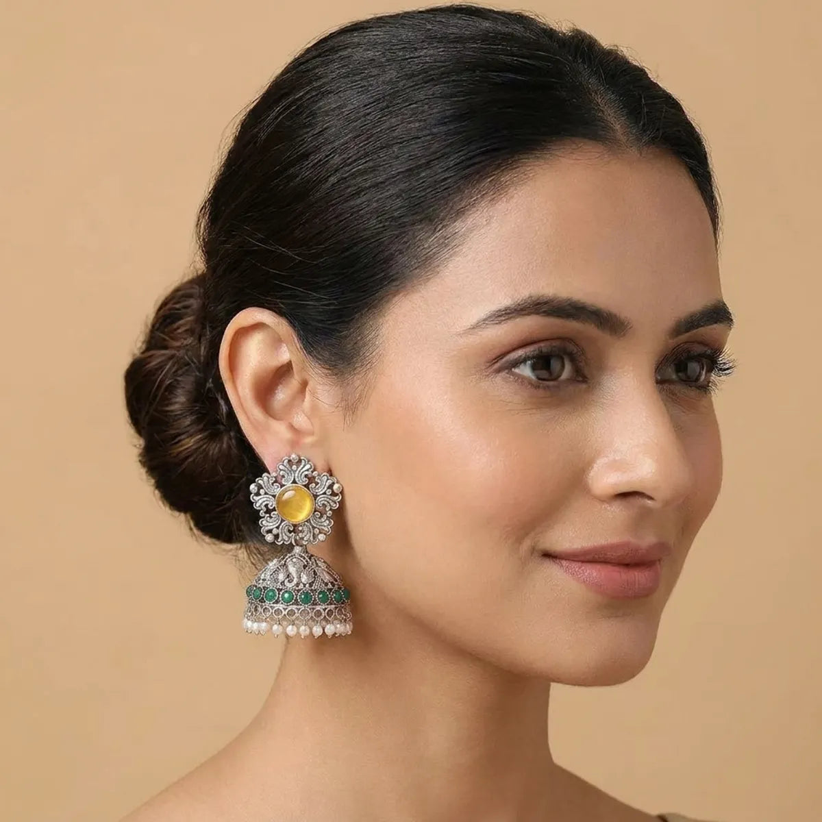 Silver And Green Elegant Jhumka Earrings With Stone