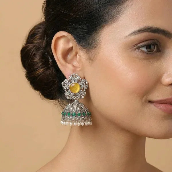 Silver And Green Elegant Jhumka Earrings With Stone