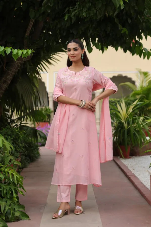 Pink Embroidered Kurta Set With Dupatta For Women