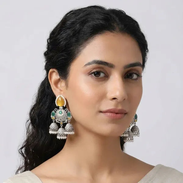 Silver And Green Oxidized Jhumka Earrings With Stones