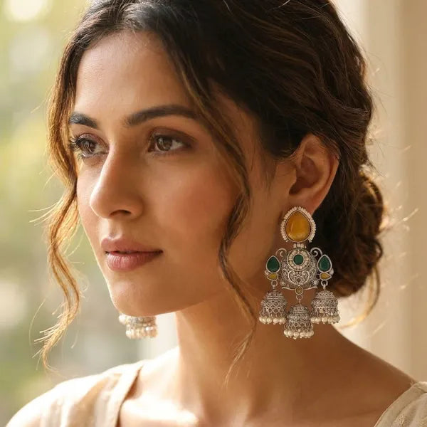 Silver And Green Oxidized Jhumka Earrings With Stones