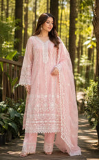 Pink Cotton Embroidery Kurta Set with Dupatta for Women