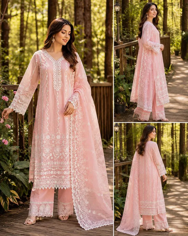 Pink Cotton Embroidery Kurta Set with Dupatta for Women