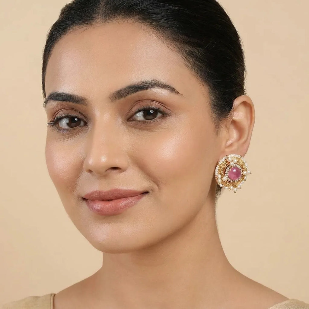 Traditional Stone Stud Earrings With Pearl Border