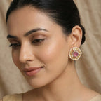 Traditional Stone Stud Earrings With Pearl Border