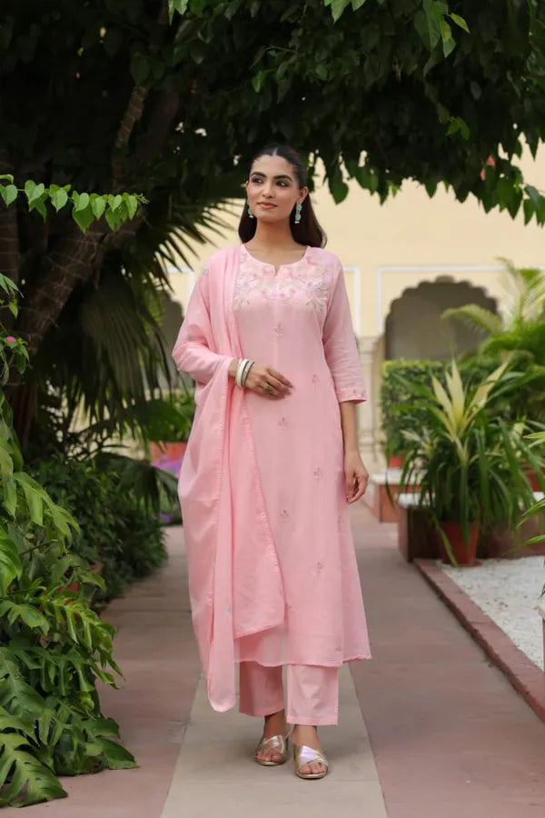 Pink Embroidered Kurta Set With Dupatta For Women