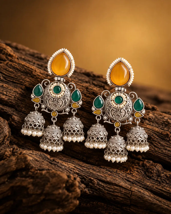 Silver And Green Oxidized Jhumka Earrings With Stones