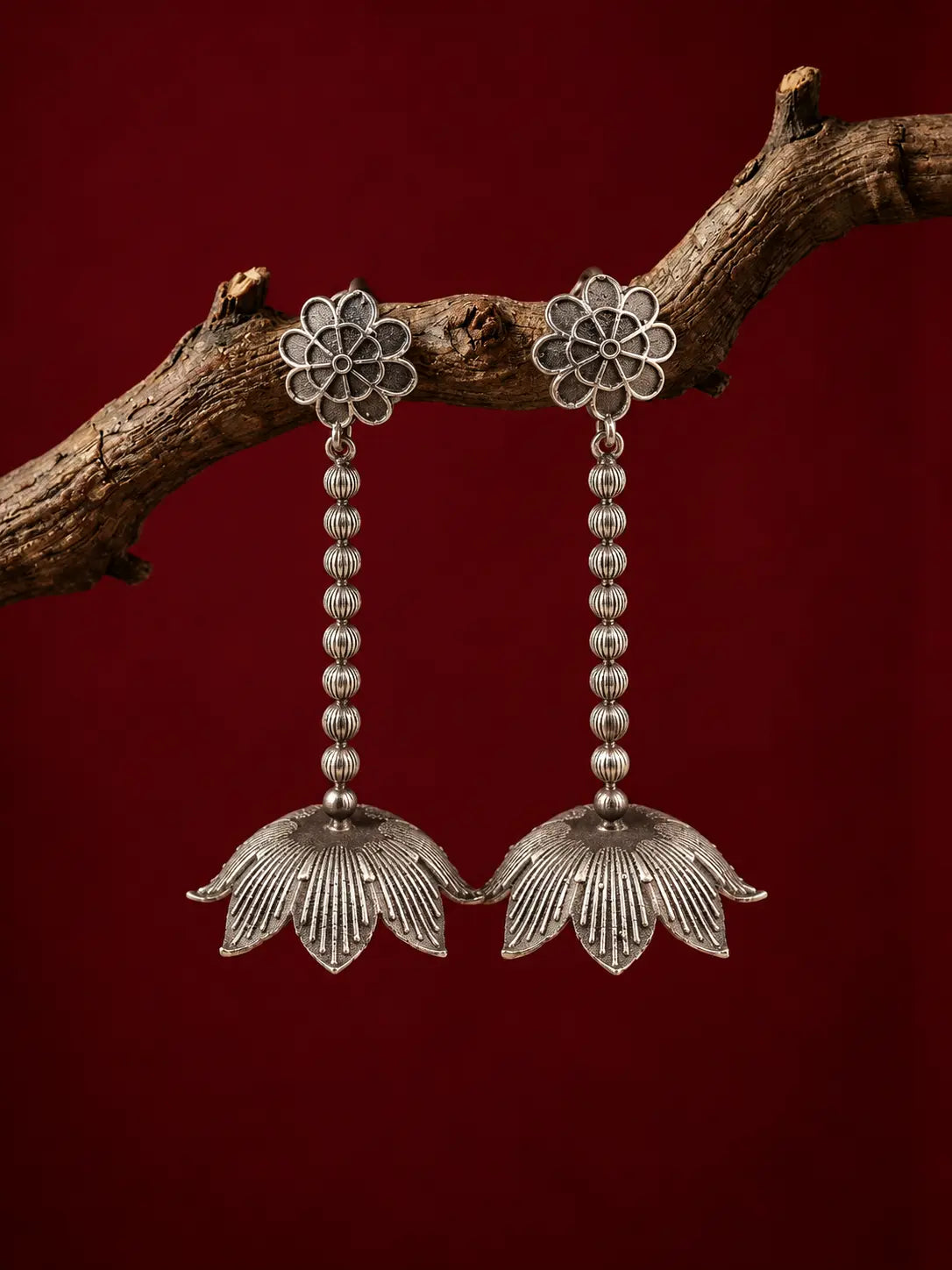 Oxidized Silver Floral Drop Earrings