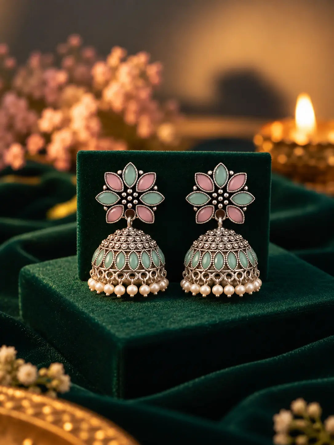 Multicolor Floral Jhumka Earrings With Pastel Enamel And Pearl Drops