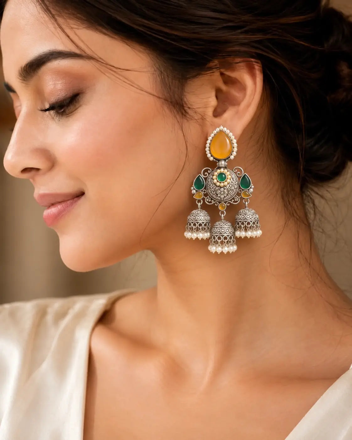 Silver And Green Oxidized Jhumka Earrings With Stones