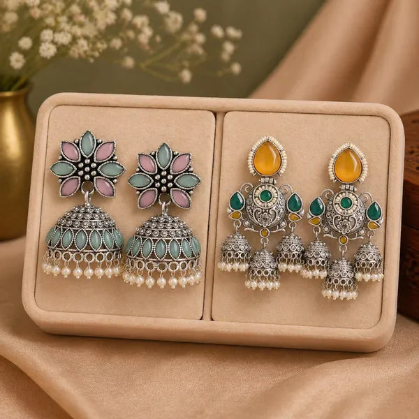 Multicolor Jhumka Earrings With Stones Combo Set