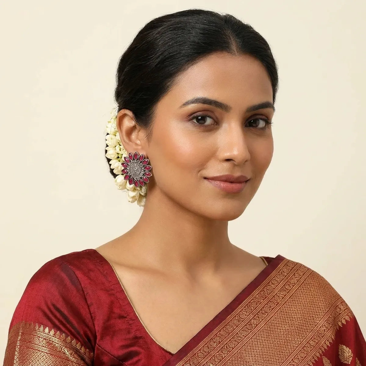 Silver And Red Elegant Peacock Motif Stud Earrings With Ruby