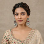 Silver And Red Antique Chandbali Earrings With Stones And Pearl
