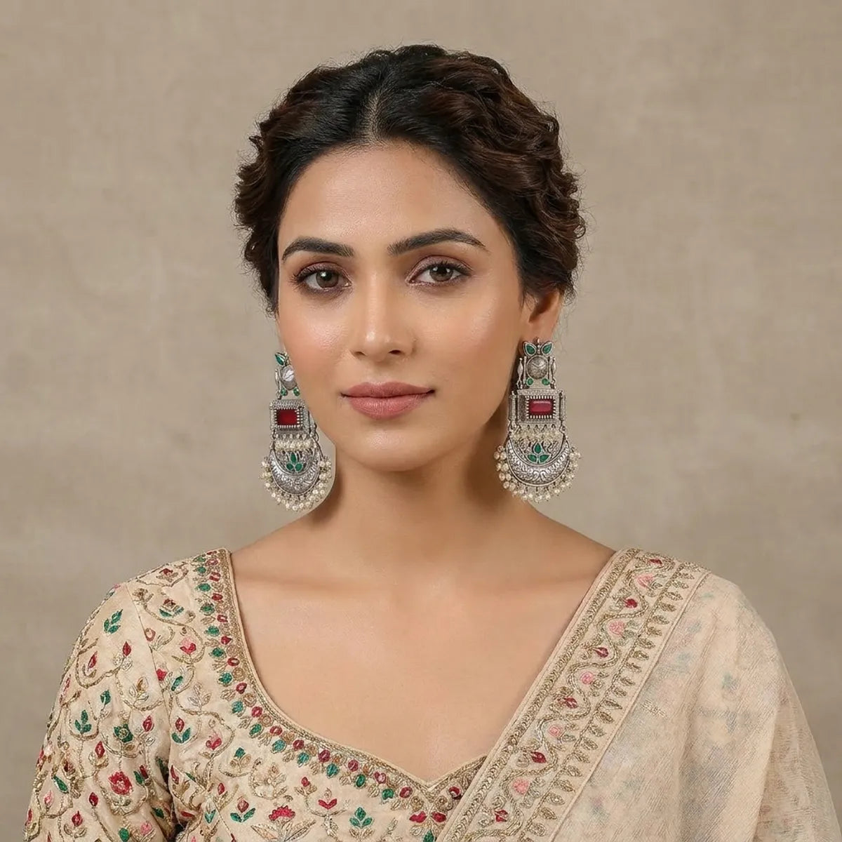 Silver And Red Antique Chandbali Earrings With Stones And Pearl