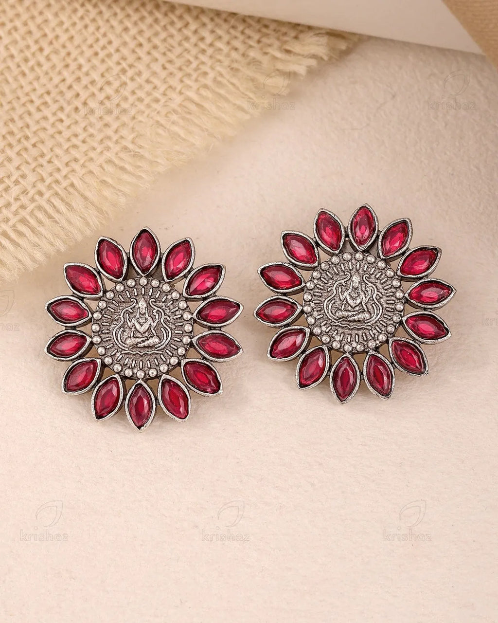 Silver And Red Elegant Peacock Motif Stud Earrings With Ruby