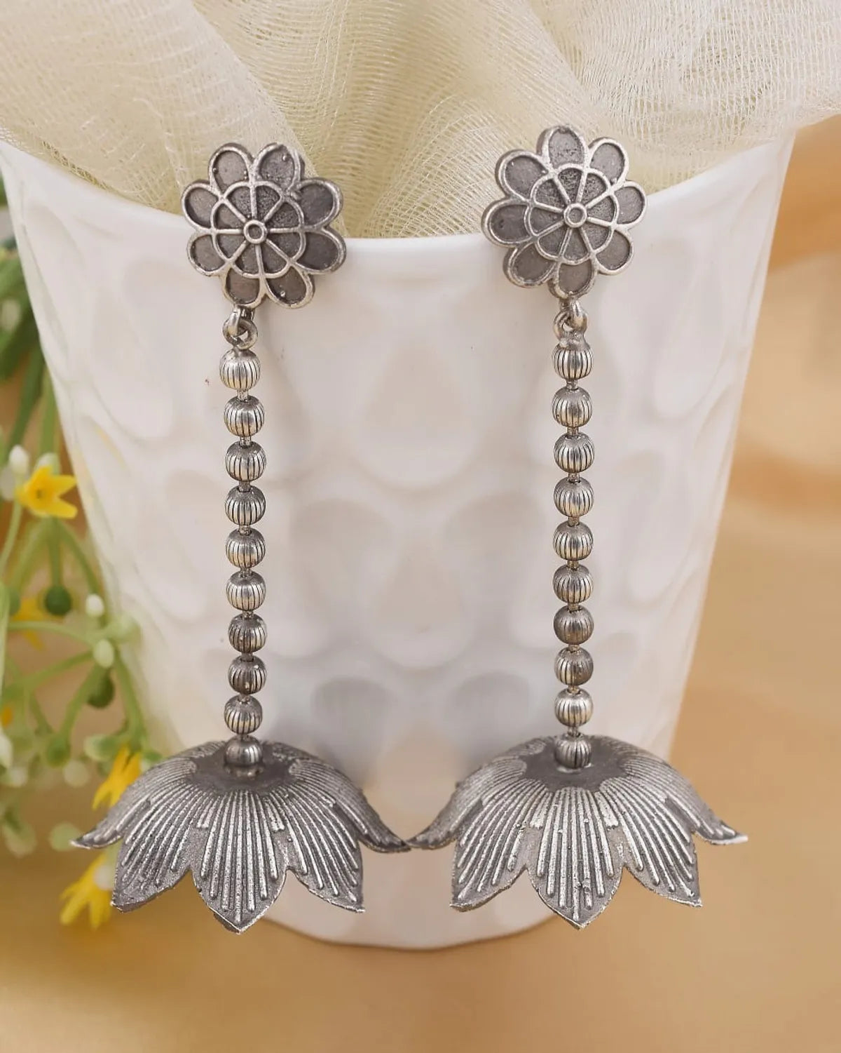 Oxidized Silver Floral Drop Earrings