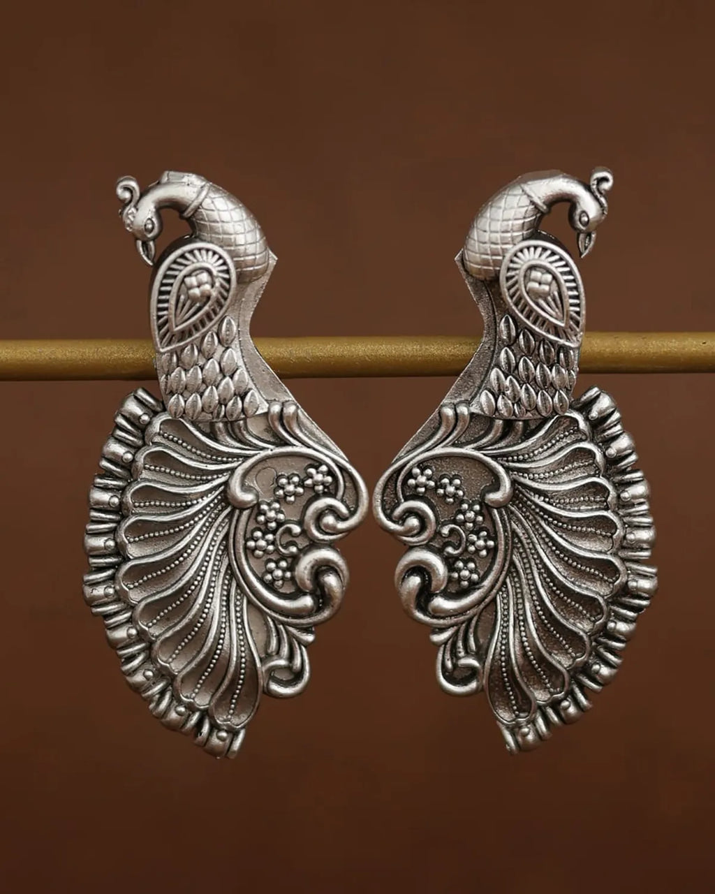 Silver-Toned Handcrafted Peacock Earrings