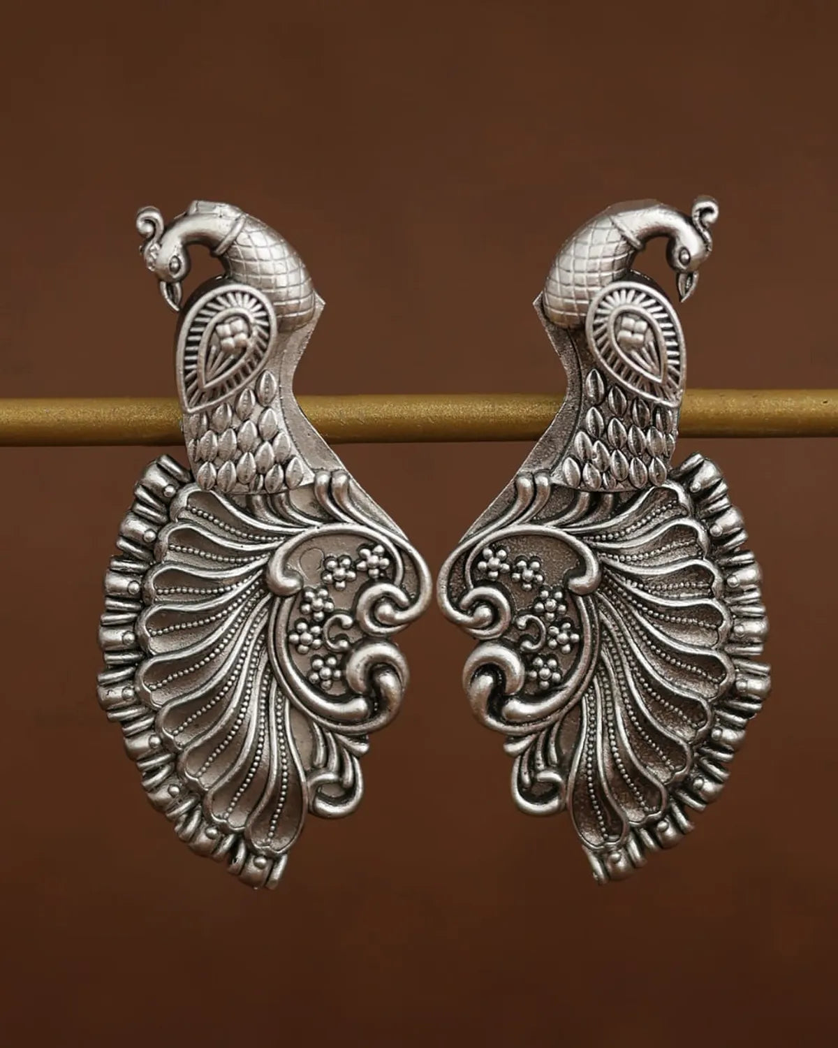 Silver-Toned Handcrafted Peacock Earrings