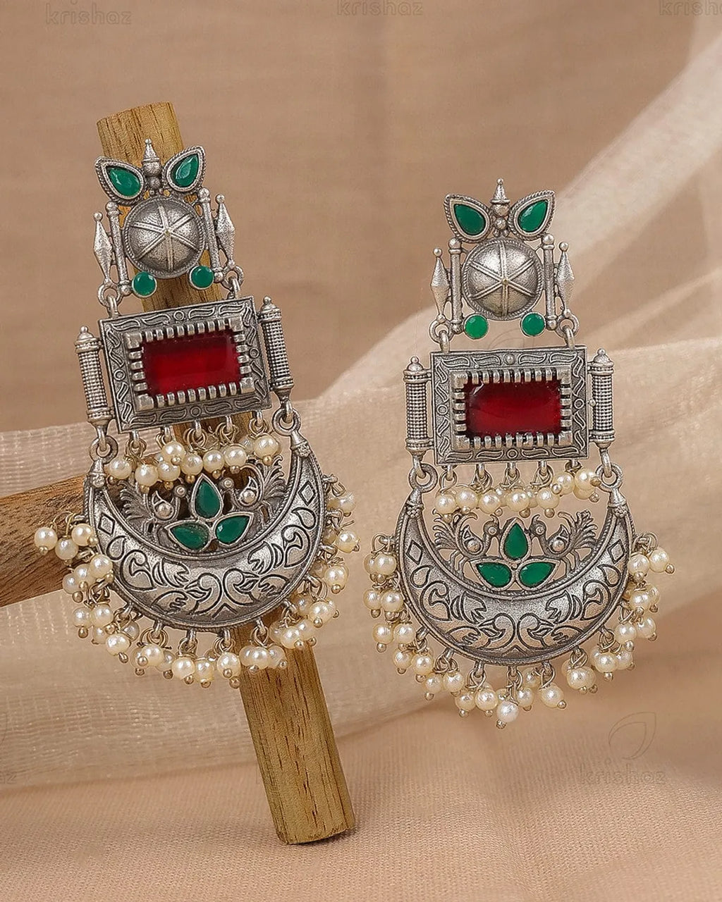 Silver And Red Antique Chandbali Earrings With Stones And Pearl