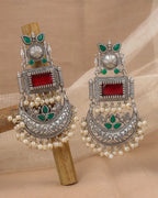Silver And Red Antique Chandbali Earrings With Stones And Pearl
