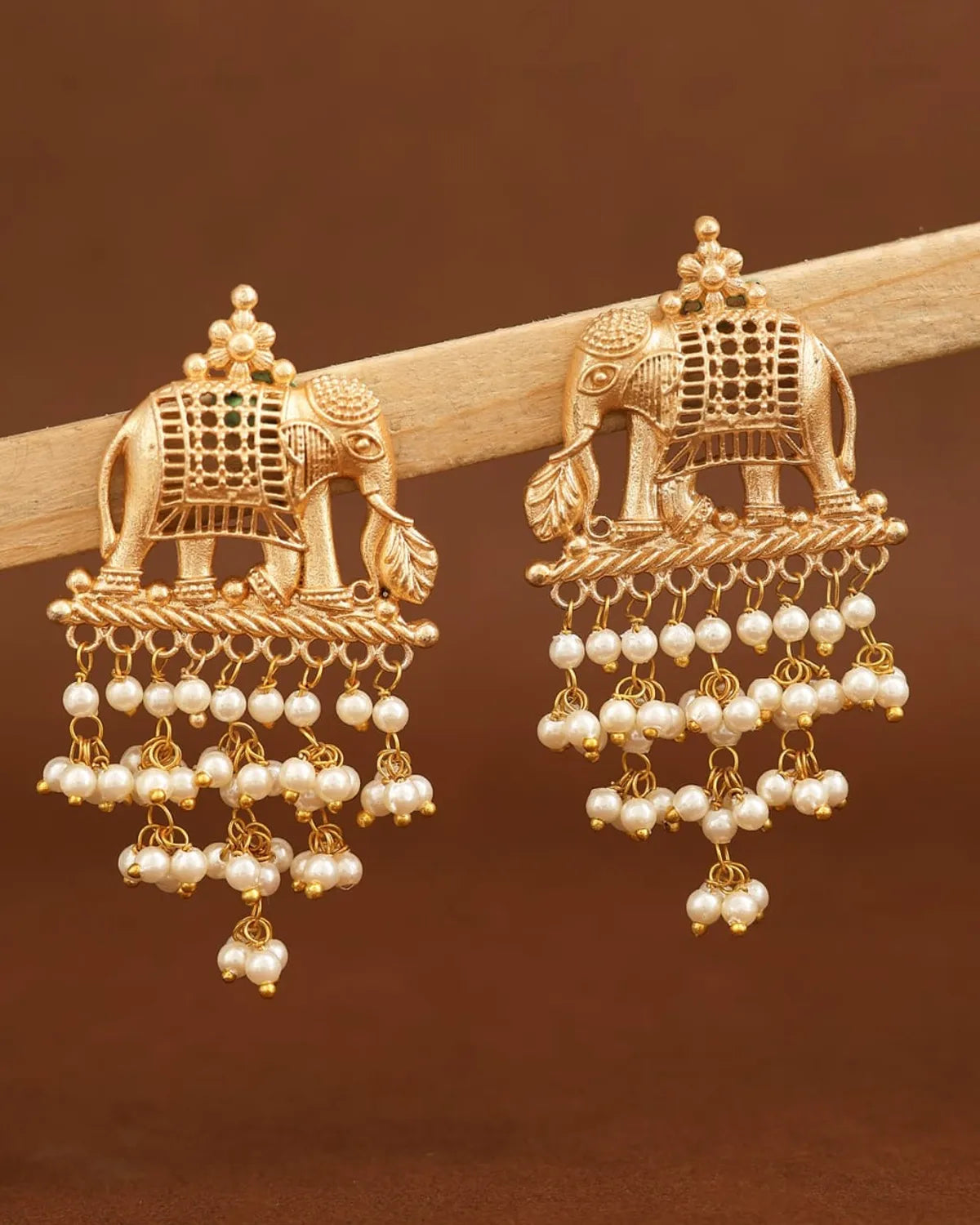 Gold-Toned Traditional Elephant Jhumka Earrings With Pearl Drops