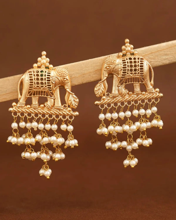 Gold-Toned Traditional Elephant Jhumka Earrings With Pearl Drops