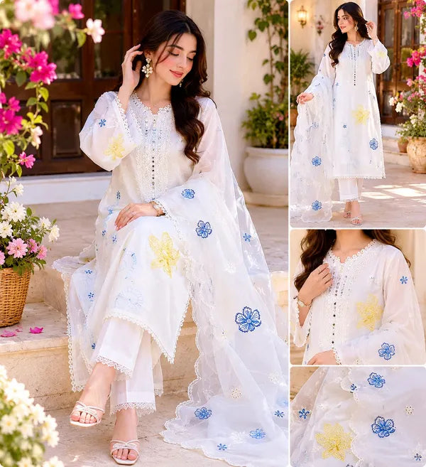 White Cotton Kurta Set with Organza Dupatta for Women
