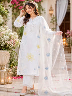 White Cotton Kurta Set with Organza Dupatta for Women