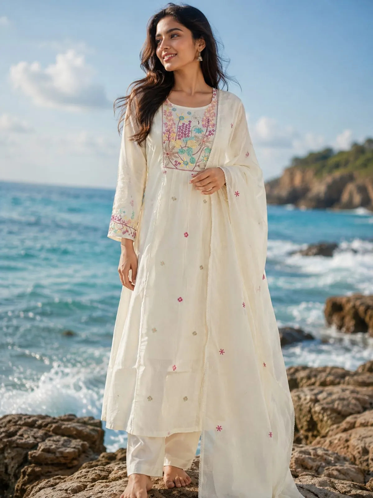 Off White Kurta Set with Dupatta for Women | Mul Cotton Light weight with inner