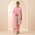 Pink Embroidered Kurta Set With Palazzo And Dupatta For Women