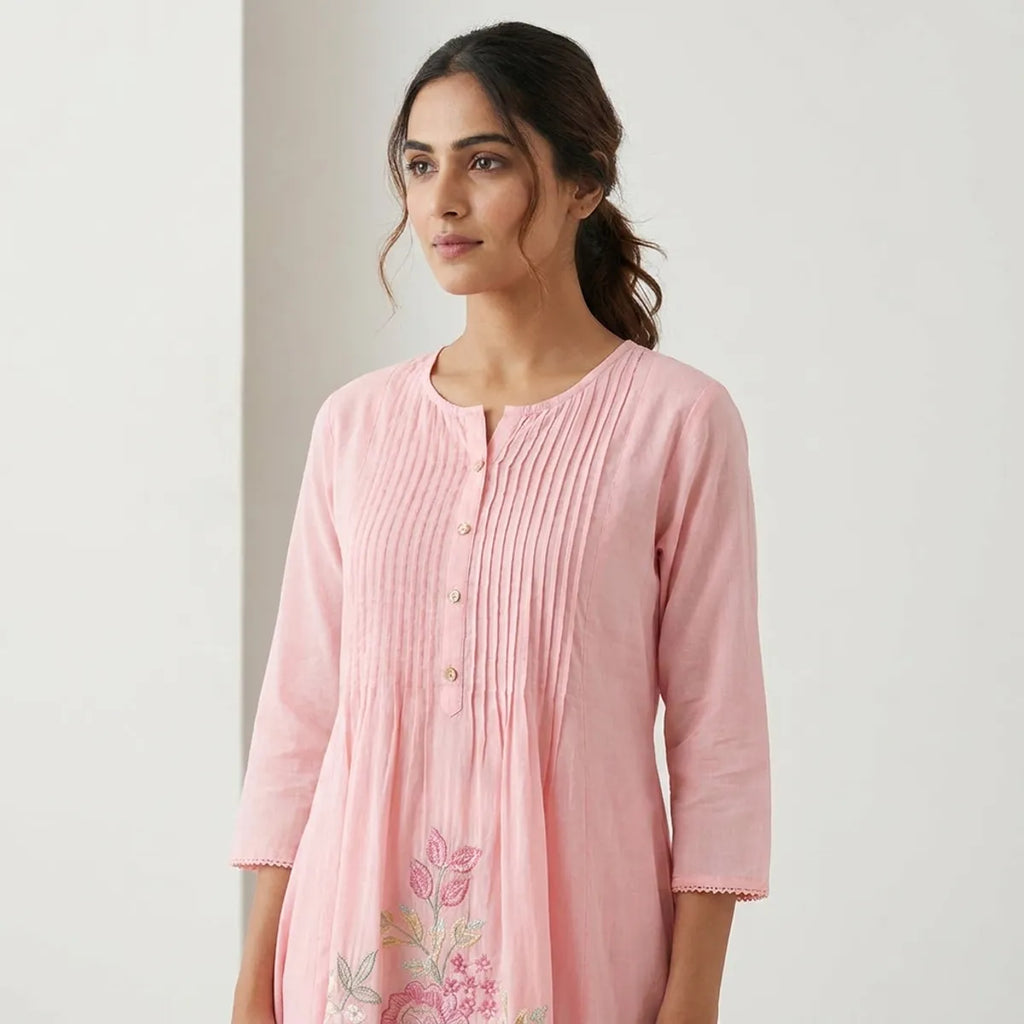 Pink Embroidered Kurta Set With Palazzo And Dupatta For Women