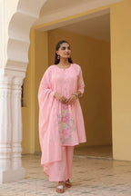 Pink Embroidered Kurta Set With Palazzo And Dupatta For Women