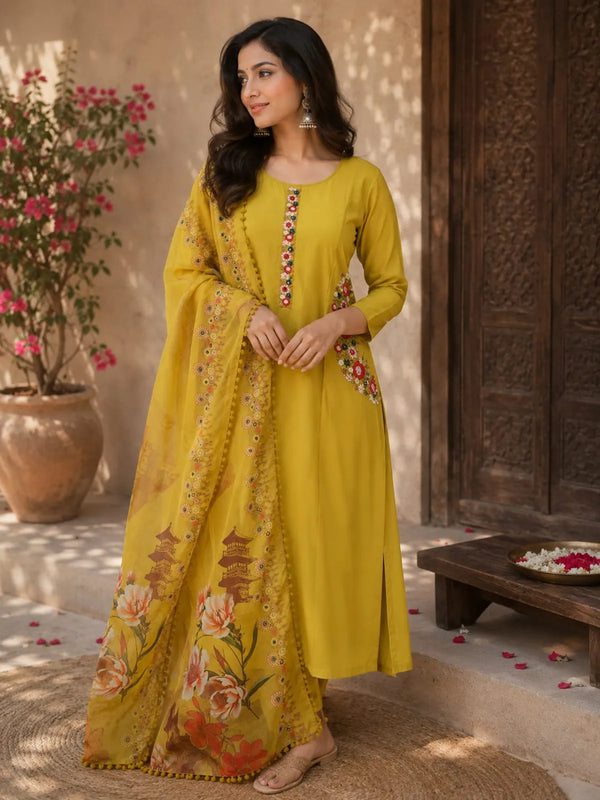 Mustard Yellow Muslin Kurta Set with Muslin duppata Seni Orgaza