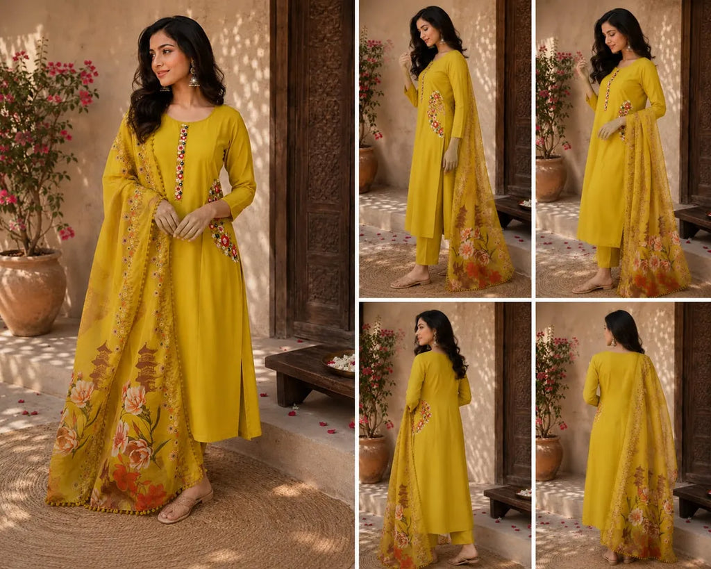 Mustard Yellow Muslin Kurta Set with Muslin duppata Seni Orgaza