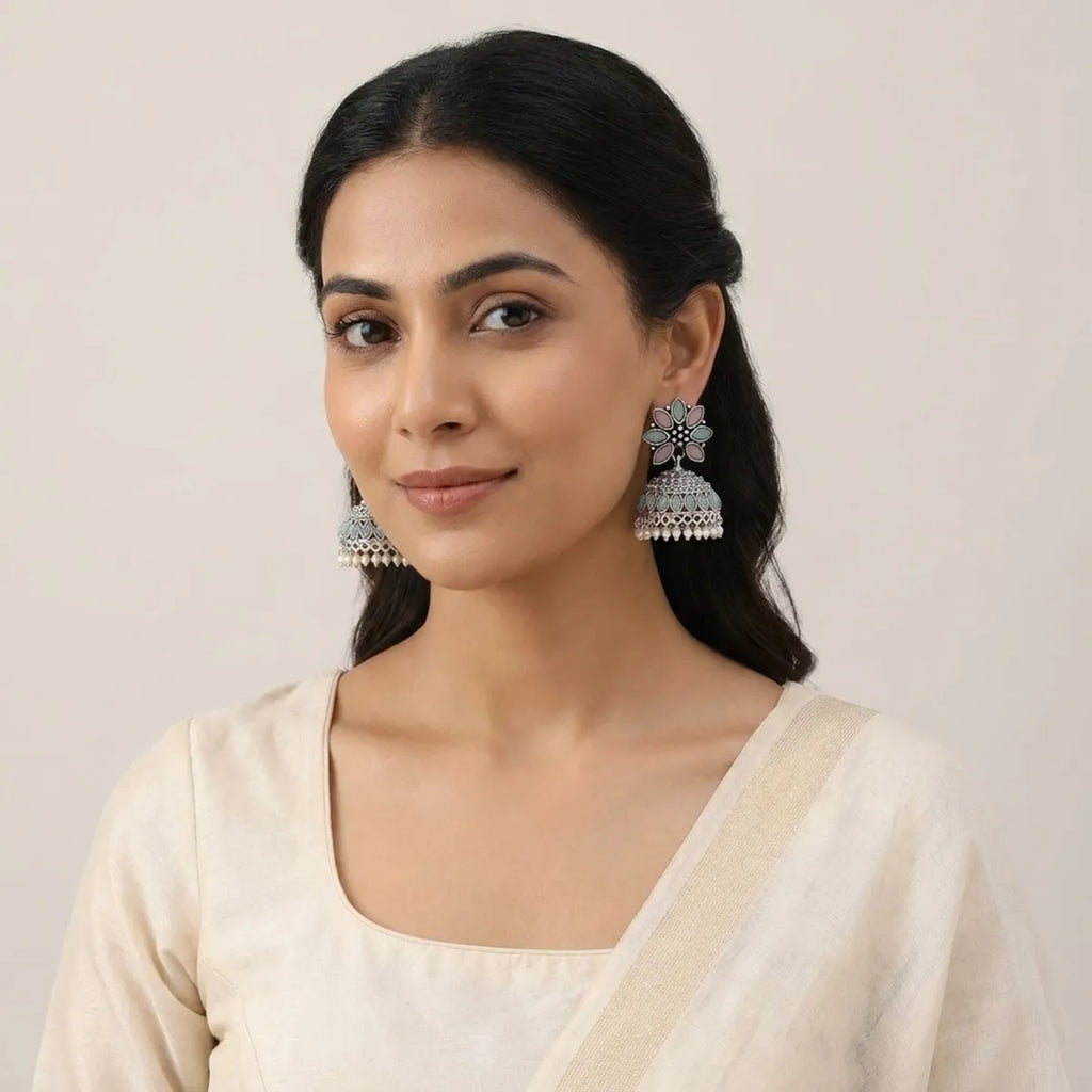 Multicolor Floral Jhumka Earrings With Pastel Enamel And Pearl Drops
