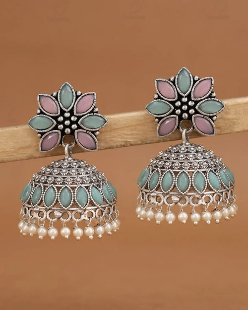 Multicolor Floral Jhumka Earrings With Pastel Enamel And Pearl Drops