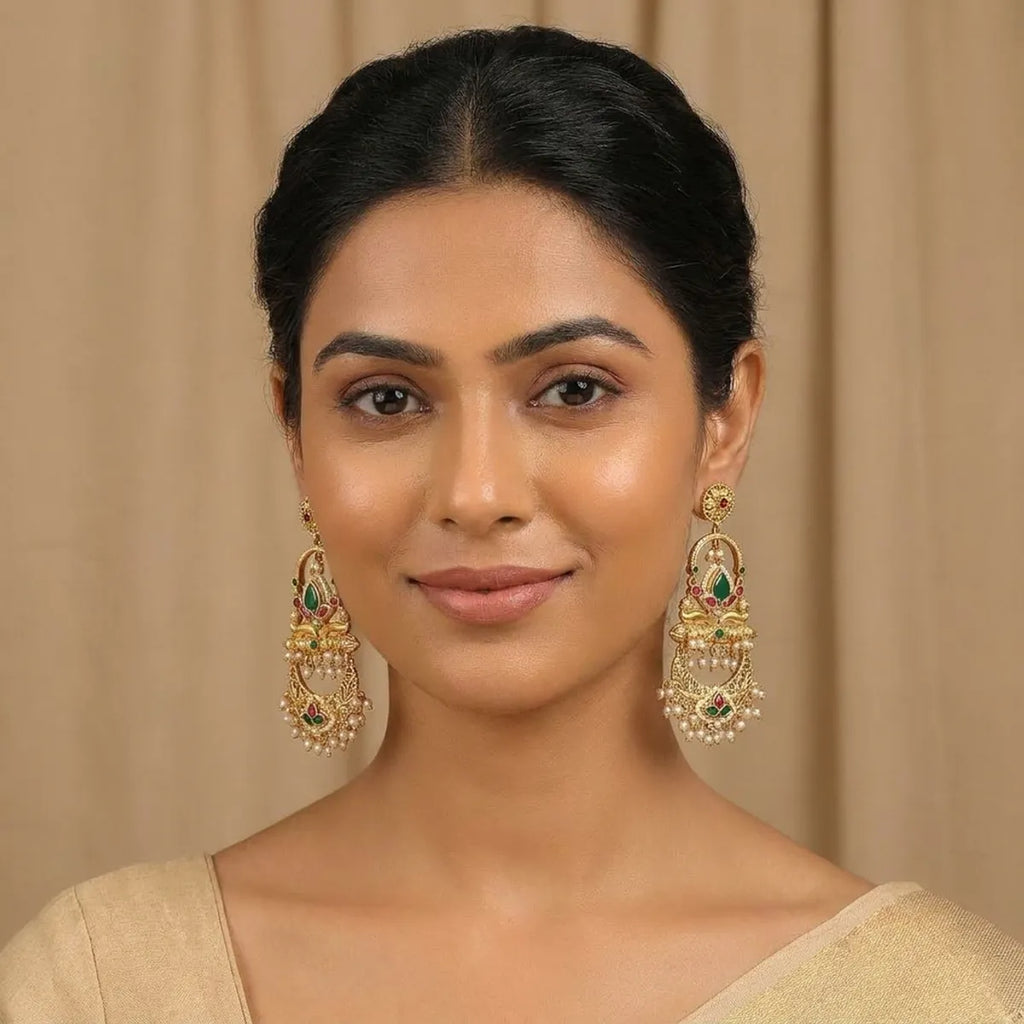 Gold Plated Traditional Chandbali Earrings With Stones And Pearl Danglers