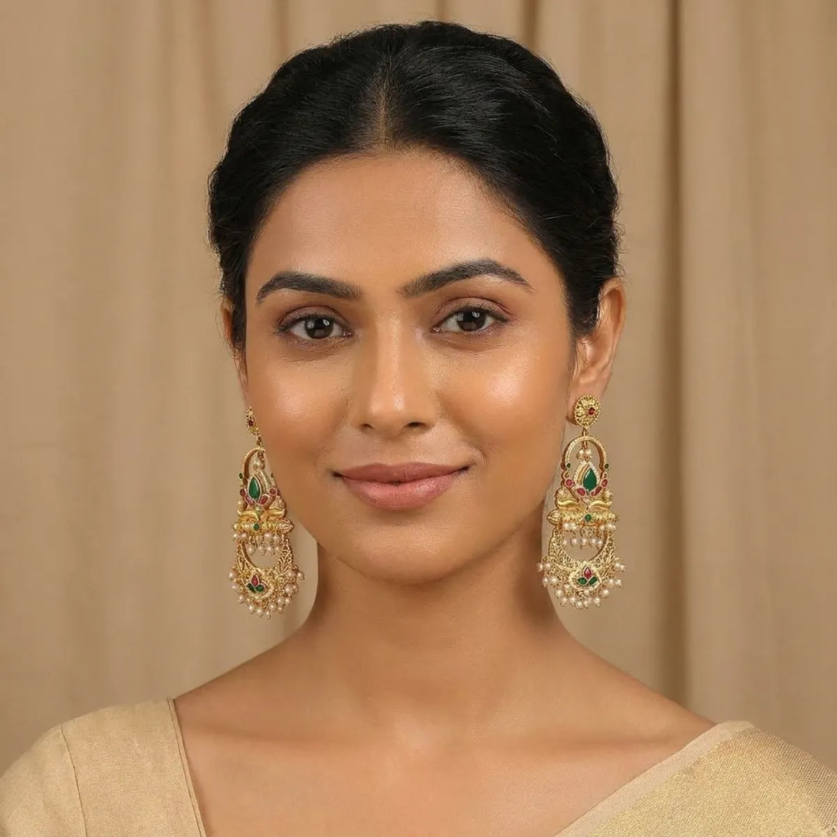 Gold Plated Traditional Chandbali Earrings With Stones And Pearl Danglers