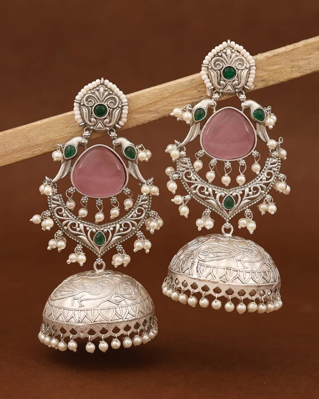 Silver Tone Oxidized Jhumka Earrings With Stone from Saara