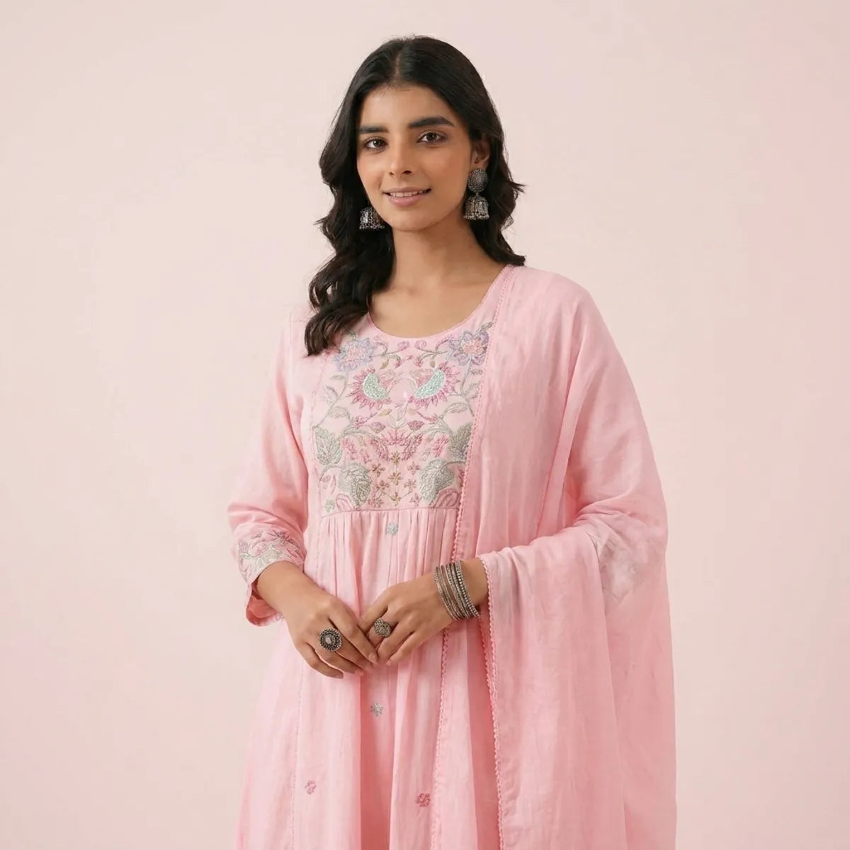 Pink Embroidered Anarkali Suit Set With Dupatta
