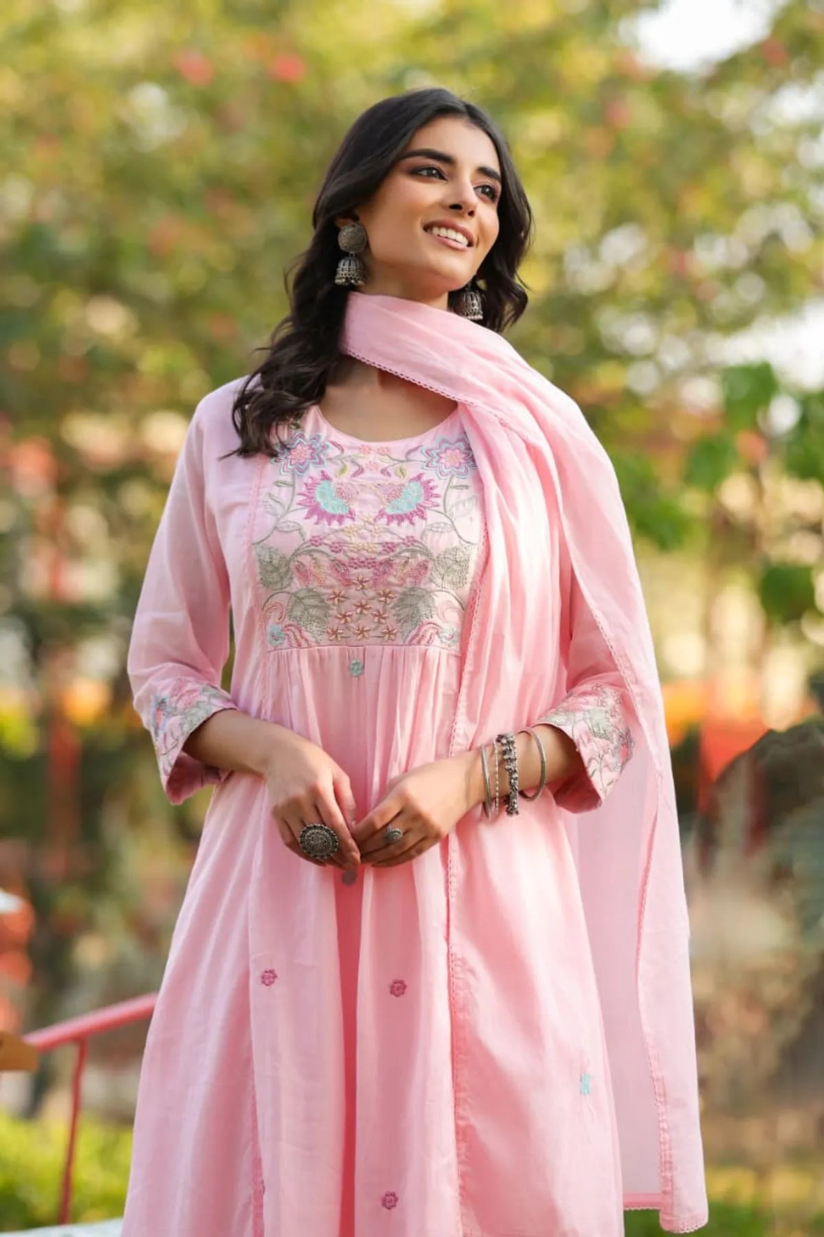 Pink Embroidered Anarkali Suit Set With Dupatta